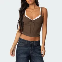 Sweet And Spicy Girl Lace Stitching Low-cut Contrast Color Double Shoulder Strap Fake Two-piece Bow Decorative Spice Sling sku image 15