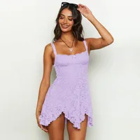 Spring And Summer New Explosions Double Diamond Collar Lace Stitching Irregular Hem Sling Dress Women's main image 2
