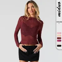 Style   Spring And Summer New Hot Sale Half High Collar Lace Hem Lace Half Perspective Long Sleeve Top main image 1