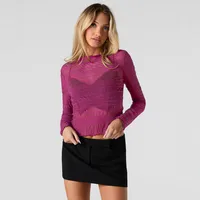Style   Spring And Summer New Hot Sale Half High Collar Lace Hem Lace Half Perspective Long Sleeve Top main image 3