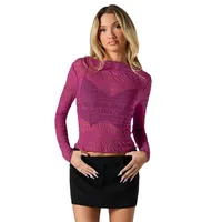 Style   Spring And Summer New Hot Sale Half High Collar Lace Hem Lace Half Perspective Long Sleeve Top main image 5