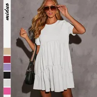 Explosions Summer Casual Pocket Short Round Neck Short Sleeve Pleated Loose Women's Dress main image 1