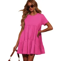 Explosions Summer Casual Pocket Short Round Neck Short Sleeve Pleated Loose Women's Dress main image 5