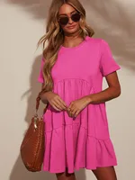 Explosions Summer Casual Pocket Short Round Neck Short Sleeve Pleated Loose Women's Dress sku image 3