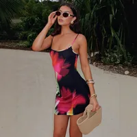 Spring And Summer New Fashion Sexy Low Neck Tight Figure Print Contrast Color Design Sling Dress Women main image 3