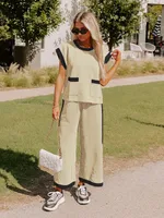 Hot Selling  Spring And Summer New Simple Stitching Color Contrast High-grade Elegant Commuter Crewneck Two-piece Suit Set sku image 15
