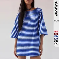 Color Stripe Half Sleeve Round Neck Pullover All-match Comfortable Casual Loose Long T Dress main image 1