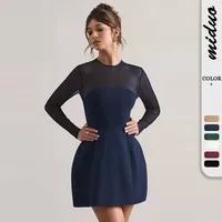 Fashion Hot Designed  Socialite Style Women's Tube Top Mesh Stitching Long Sleeve Waist Zipper Hollow Dress main image 1
