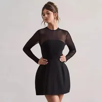 Fashion Hot Designed  Socialite Style Women's Tube Top Mesh Stitching Long Sleeve Waist Zipper Hollow Dress main image 3
