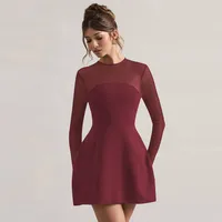 Fashion Hot Designed  Socialite Style Women's Tube Top Mesh Stitching Long Sleeve Waist Zipper Hollow Dress sku image 5