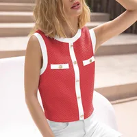 New  Spring And Summer  Style Sleeveless Vest Top Foreign Trade All-match Contrast Color Button Round Neck Elegant Women's Clothing main image 3