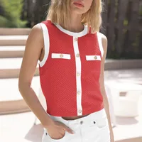 New  Spring And Summer  Style Sleeveless Vest Top Foreign Trade All-match Contrast Color Button Round Neck Elegant Women's Clothing sku image 8