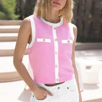 New  Spring And Summer  Style Sleeveless Vest Top Foreign Trade All-match Contrast Color Button Round Neck Elegant Women's Clothing sku image 12