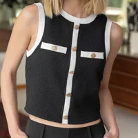 New  Spring And Summer  Style Sleeveless Vest Top Foreign Trade All-match Contrast Color Button Round Neck Elegant Women's Clothing sku image 18