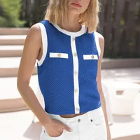 New  Spring And Summer  Style Sleeveless Vest Top Foreign Trade All-match Contrast Color Button Round Neck Elegant Women's Clothing sku image 21