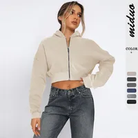 Foreign Trade  Fashion Short Fashion Women's Long Sleeve Solid Color Zipper Hooded Loose Sweatshirt Round Neck All-match Jacket main image 1