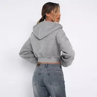 Foreign Trade  Fashion Short Fashion Women's Long Sleeve Solid Color Zipper Hooded Loose Sweatshirt Round Neck All-match Jacket main image 2