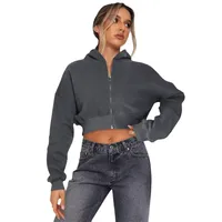 Foreign Trade  Fashion Short Fashion Women's Long Sleeve Solid Color Zipper Hooded Loose Sweatshirt Round Neck All-match Jacket main image 5