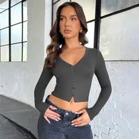 Explosions  Women's Threaded Button Cardigan Shoulder T-shirt  New Women's Sexy Navel Y2K Top sku image 12