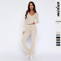 Autumn And Winter Hot Sale Foreign Trade Women's Slim-fit Sexy Button Long Sleeve Top Lace-up Trousers Fashion Two-piece Set main image 1