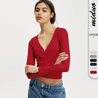 Fashion  Knitted Navel Short Long Sleeve Slim Slim Top Button V-Neck Autumn And Winter Base Shirt main image 1