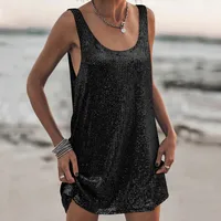U-collar Sleeveless Loose Backless New Vest Dress Casual Sequins Sexy Suspenders Dress Women's Clothing sku image 1