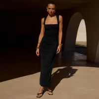Summer  New Women's Sexy Split Hip Square Collar Celebrity Style Slim-fit Solid Color Slimming Dress sku image 24