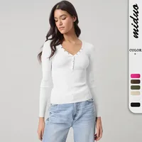 Wish Hot Selling Foreign Trade Y2K Autumn And Winter Women's V-Neck Long Sleeve  Style Threaded Button Solid Color Bm Top main image 1