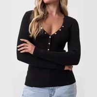Wish Hot Selling Foreign Trade Y2K Autumn And Winter Women's V-Neck Long Sleeve  Style Threaded Button Solid Color Bm Top main image 4