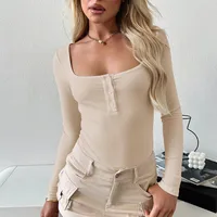 Designed Best Selling  Fashion Elegant Commuter Square Collar Button Slim-fit Slimming Long Sleeve Inner Top T-shirt Women sku image 24