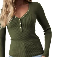Wish Hot Selling Foreign Trade Y2K Autumn And Winter Women's V-Neck Long Sleeve  Style Threaded Button Solid Color Bm Top main image 5