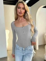 Designed Best Selling  Fashion Elegant Commuter Square Collar Button Slim-fit Slimming Long Sleeve Inner Top T-shirt Women sku image 17
