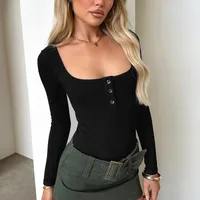 Designed Best Selling  Fashion Elegant Commuter Square Collar Button Slim-fit Slimming Long Sleeve Inner Top T-shirt Women sku image 13
