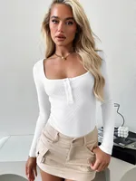 Designed Best Selling  Fashion Elegant Commuter Square Collar Button Slim-fit Slimming Long Sleeve Inner Top T-shirt Women sku image 6
