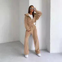 Silver Fox Velvet Hooded Sweater Suit  Autumn And Winter Fashion Waist Short Coat Pants Two-piece Set main image 3