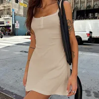 Sexy Hot Girl Summer Women's Solid Color Button Waist Slimming Sling Dress Threaded  Style Skirt main image 3