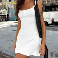 Sexy Hot Girl Summer Women's Solid Color Button Waist Slimming Sling Dress Threaded  Style Skirt main image 2
