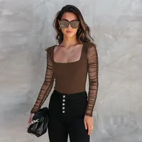 New Lace Stitching Summer Women's Summer Women's  Square Collar Shoulder T-shirt Hollow Spice Girl Top sku image 6