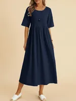 Women's Dress  Large Size Loose Cotton Linen Round Neck Half Sleeve Midi Dress main image 4