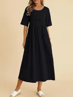 Women's Dress  Large Size Loose Cotton Linen Round Neck Half Sleeve Midi Dress sku image 6