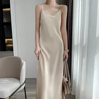 Silk Sling Dress  Silk High-end Solid Color Mid-length Large Size Over-the-knee A- Line Dress Loose Tight Waist Slimming main image 1