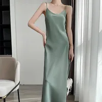 Silk Sling Dress  Silk High-end Solid Color Mid-length Large Size Over-the-knee A- Line Dress Loose Tight Waist Slimming main image 2