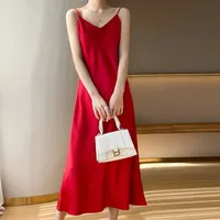 Silk Sling Dress  Silk High-end Solid Color Mid-length Large Size Over-the-knee A- Line Dress Loose Tight Waist Slimming main image 3