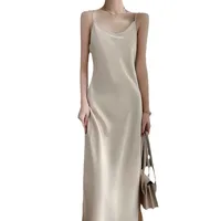 Silk Sling Dress  Silk High-end Solid Color Mid-length Large Size Over-the-knee A- Line Dress Loose Tight Waist Slimming main image 5