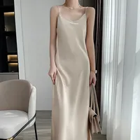 Silk Sling Dress  Silk High-end Solid Color Mid-length Large Size Over-the-knee A- Line Dress Loose Tight Waist Slimming sku image 1
