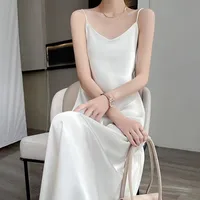 Silk Sling Dress  Silk High-end Solid Color Mid-length Large Size Over-the-knee A- Line Dress Loose Tight Waist Slimming sku image 10