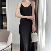 Silk Sling Dress  Silk High-end Solid Color Mid-length Large Size Over-the-knee A- Line Dress Loose Tight Waist Slimming sku image 16