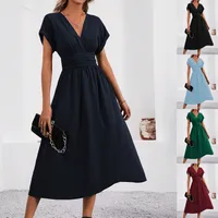 Women's Summer Solid Color Overlapping V-Neck Bat Sleeve Pleated Waist Long Elegant Dress Women's Long Dress main image 1