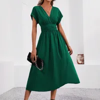 Women's Summer Solid Color Overlapping V-Neck Bat Sleeve Pleated Waist Long Elegant Dress Women's Long Dress main image 2