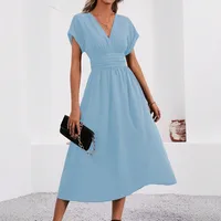 Women's Summer Solid Color Overlapping V-Neck Bat Sleeve Pleated Waist Long Elegant Dress Women's Long Dress main image 3